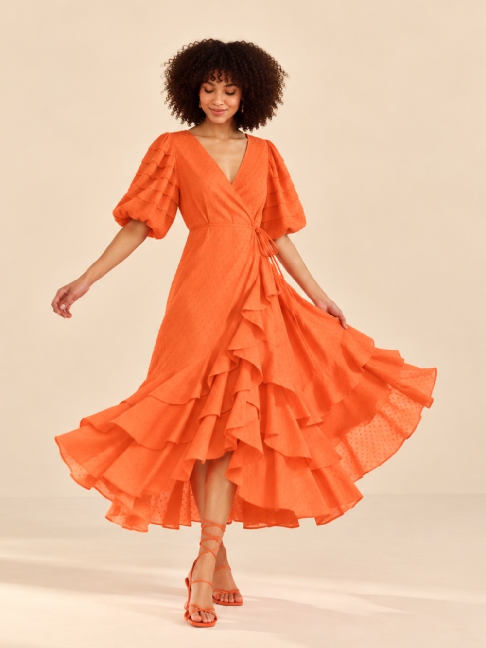NWT FARM Rio Orange Ruffles Midi Dress XXS Wrap Swiss Dot